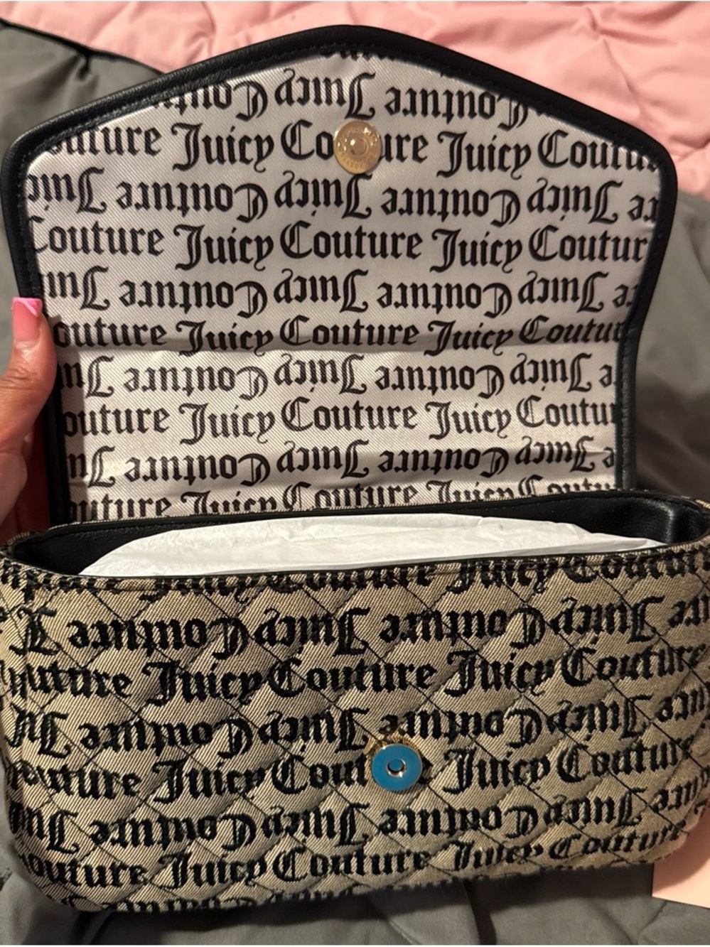 Juicy Couture Beige and Black Logo Canvas Crossbody Bag